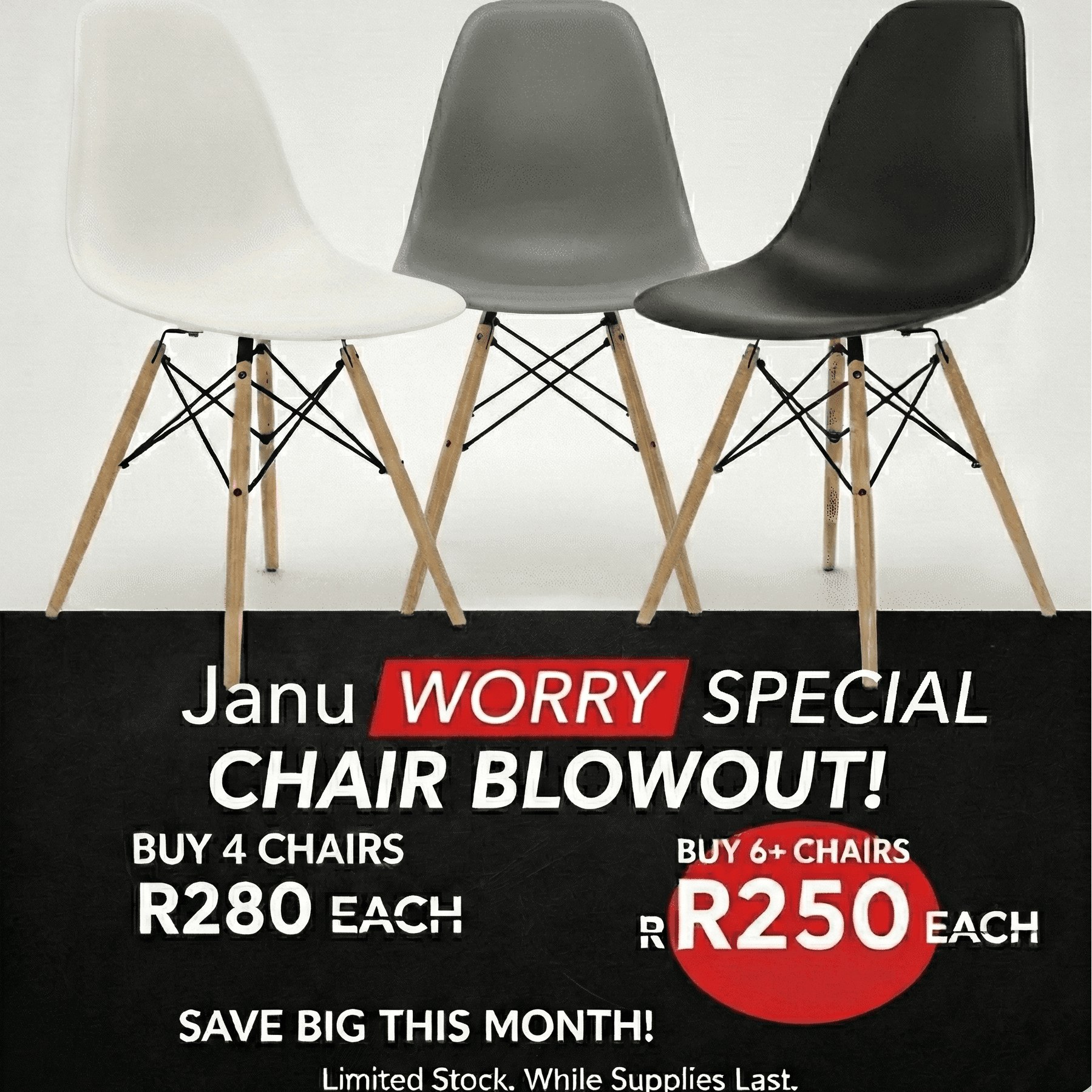 Three chairs in white, gray, and black with a promotional banner for a chair sale. That Couch Place