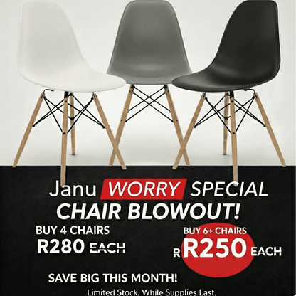 Three chairs in white, gray, and black with a promotional banner for a chair sale. That Couch Place