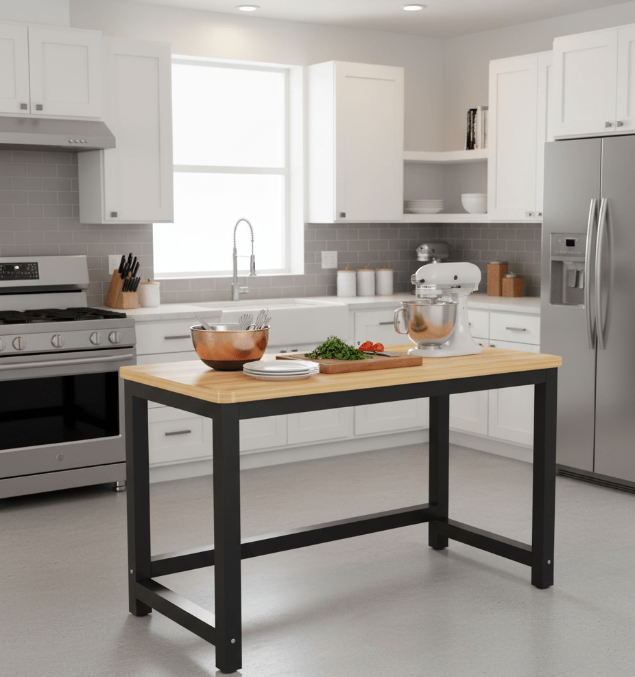Modern kitchen with a wooden island, stainless steel appliances, and white cabinets. That Couch Place