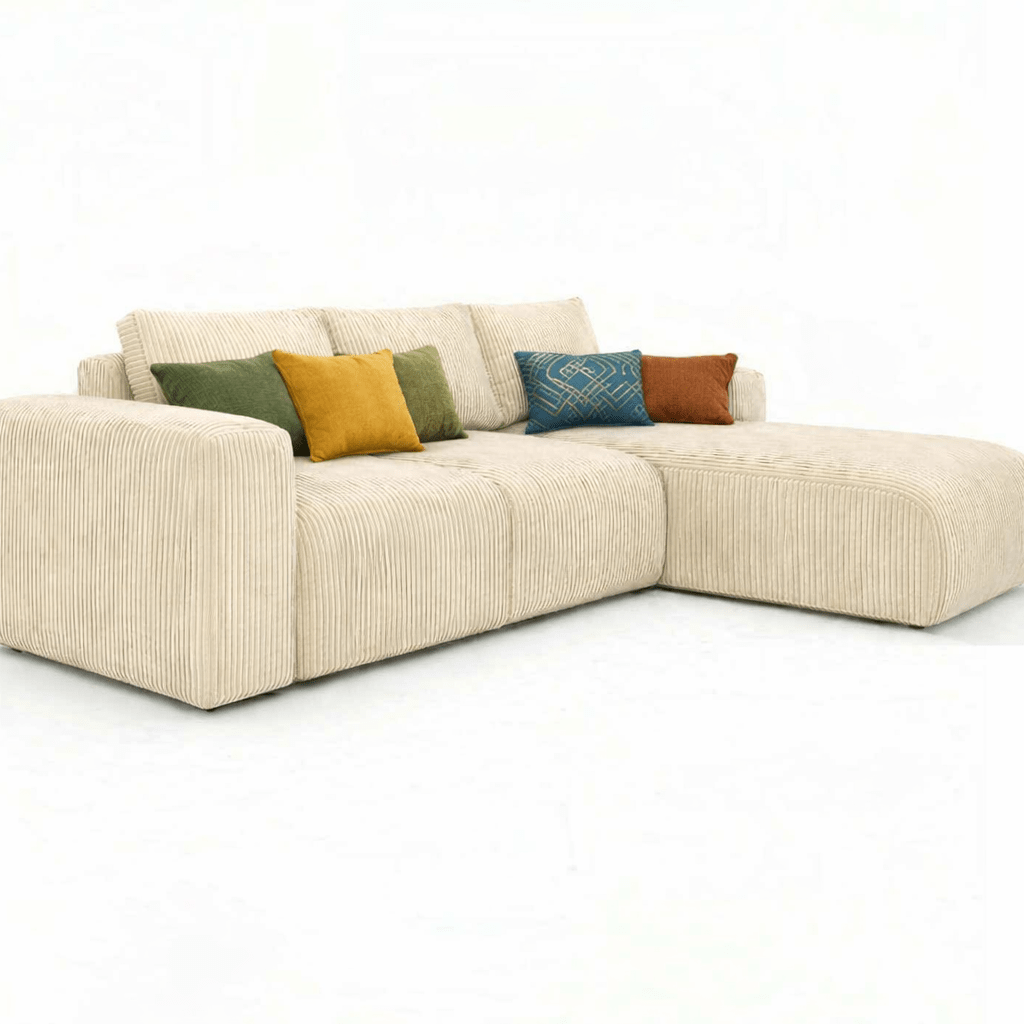 Warm cream Soft touch corduroy sectional sofa with colorful cushions on a white background