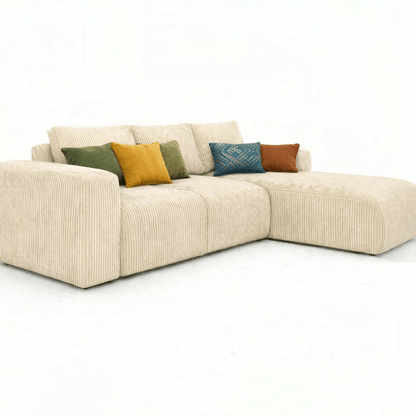 Warm cream Soft touch corduroy sectional sofa with colorful cushions on a white background