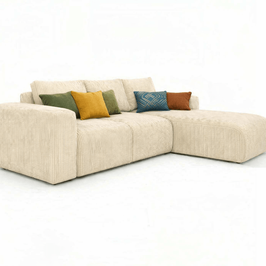 Warm cream Soft touch corduroy sectional sofa with colorful cushions on a white background