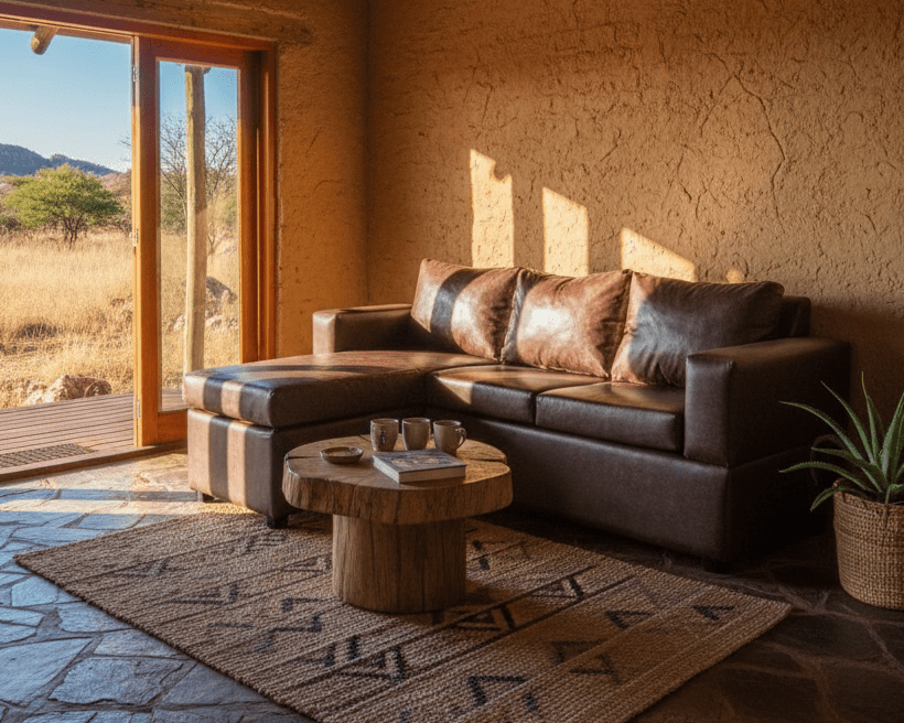 Dark brown corner couch in a Irving room with a view of a bushveld landscape through large windows. That couch lace