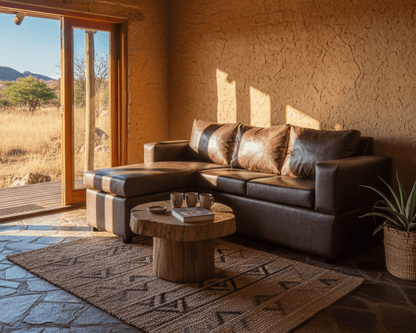 Dark brown corner couch in a Irving room with a view of a bushveld landscape through large windows. That couch lace