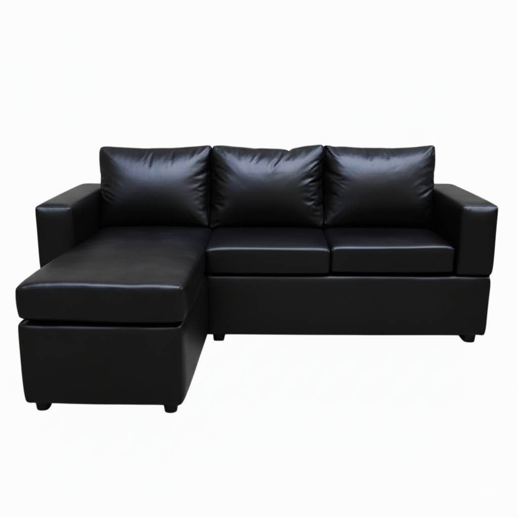 Black leather sectional sofa on a white background - that couch place