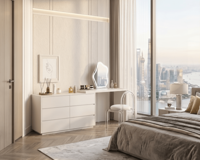 Modern bedroom with large windows, desk, and bed with cityscape view.