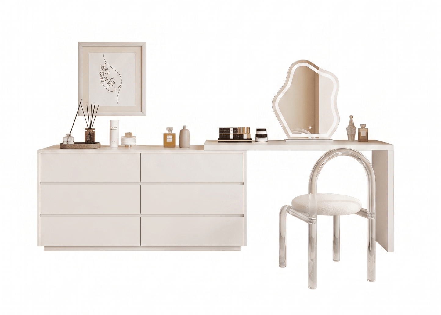 White vanity with mirror and chair on a white background