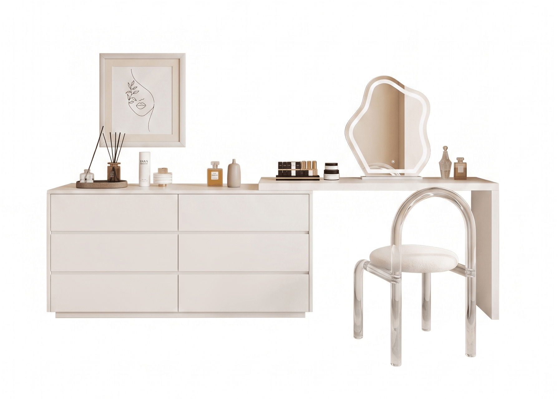 White vanity with mirror and chair on a white background
