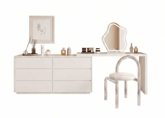 White vanity with mirror and chair on a white background