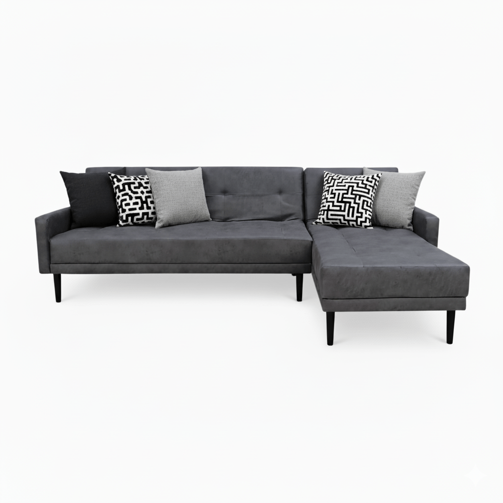 Gray Corner Couch - Sleeper sectional sofa with patterned cushions on a white background That Couch Place