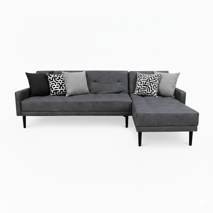 Gray Corner Couch - Sleeper sectional sofa with patterned cushions on a white background That Couch Place