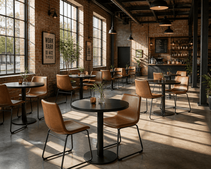 A modern industrial cafe interior with round black tables, brown leather chairs, exposed brick walls, large windows, and warm sunlight streaming across the floor.