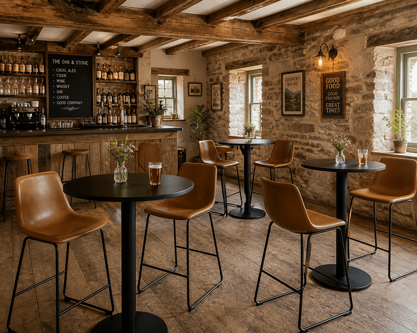 A rustic indoor bar and seating area with stone walls, exposed wooden beams, black round tables, tan leather bar stools, and a bar counter in the background.