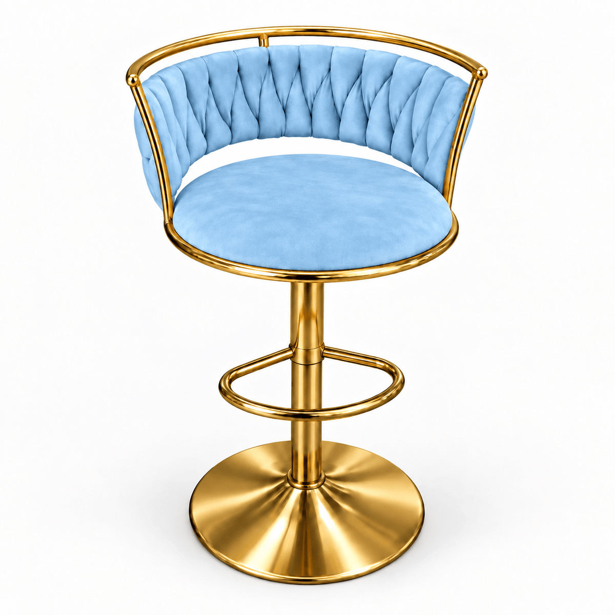 A modern bar stool with a light blue tufted velvet seat and backrest, supported by a polished gold-finished metal frame and circular pedestal base, shown on a plain white background.