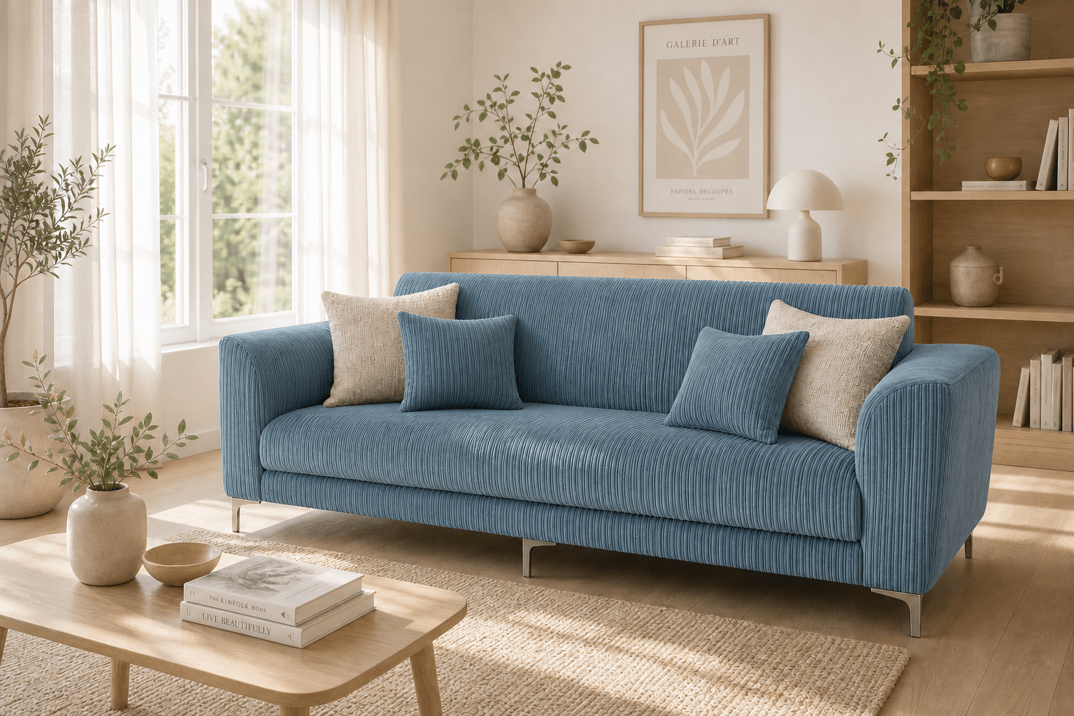 Blue sofa in a living room with a coffee table and decorative items.