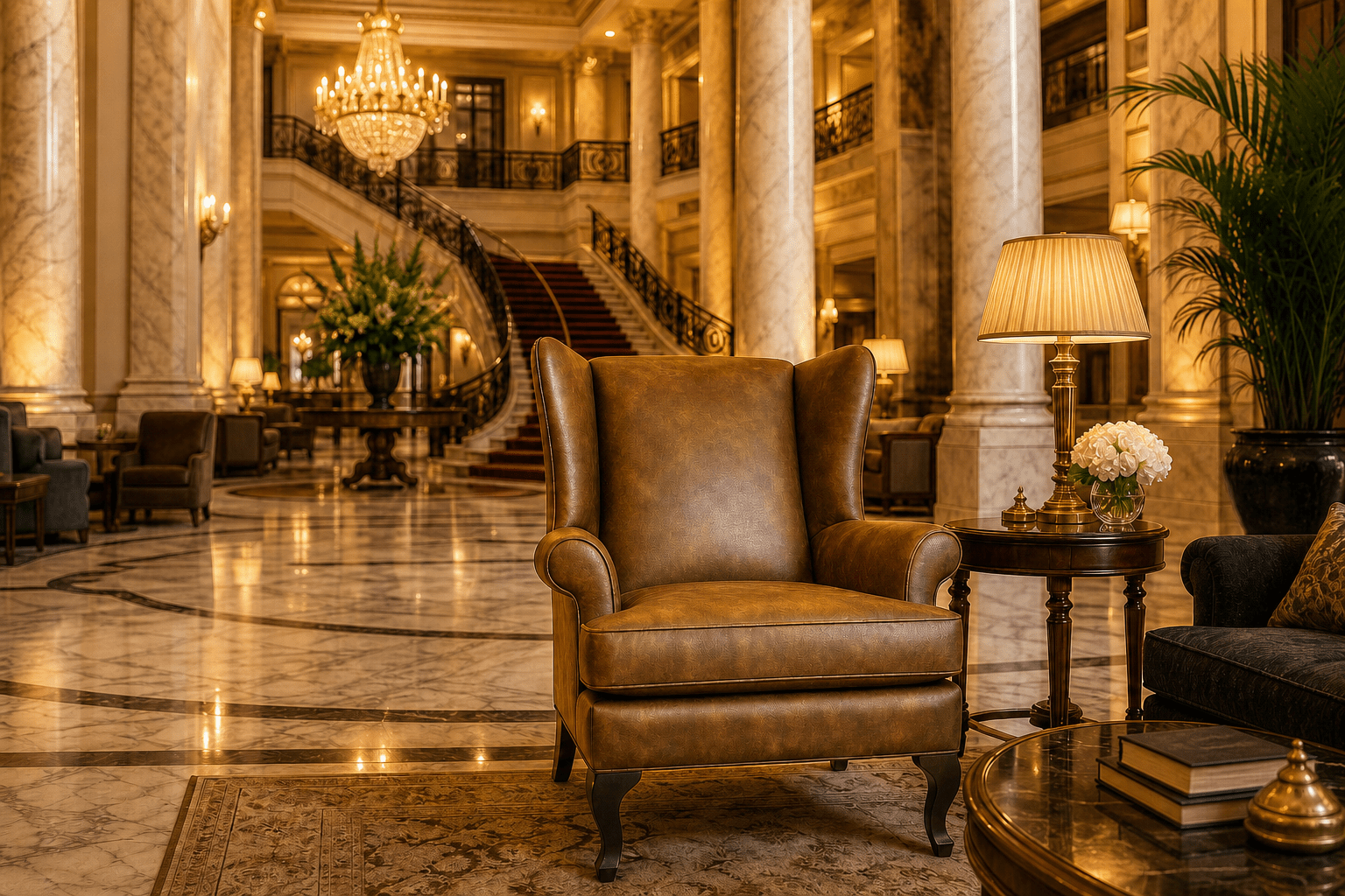 A brown leather wingback armchair is placed in a grand, luxurious hotel lobby with marble floors, a staircase, and warm lighting.