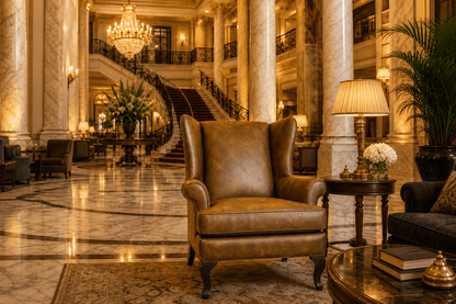 A brown leather wingback armchair is placed in a grand, luxurious hotel lobby with marble floors, a staircase, and warm lighting.