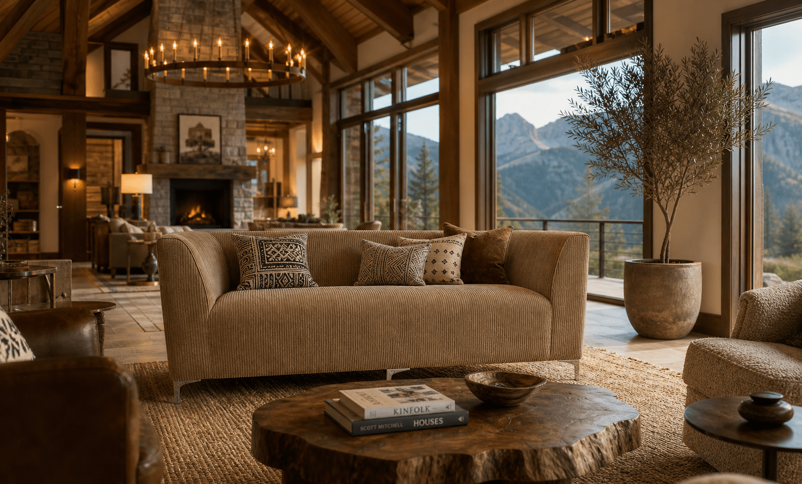 Luxurious living room with a view of mountains and designer couch