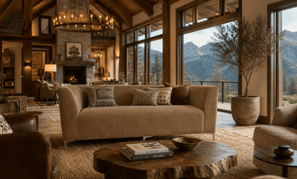 Luxurious living room with a view of mountains and designer couch