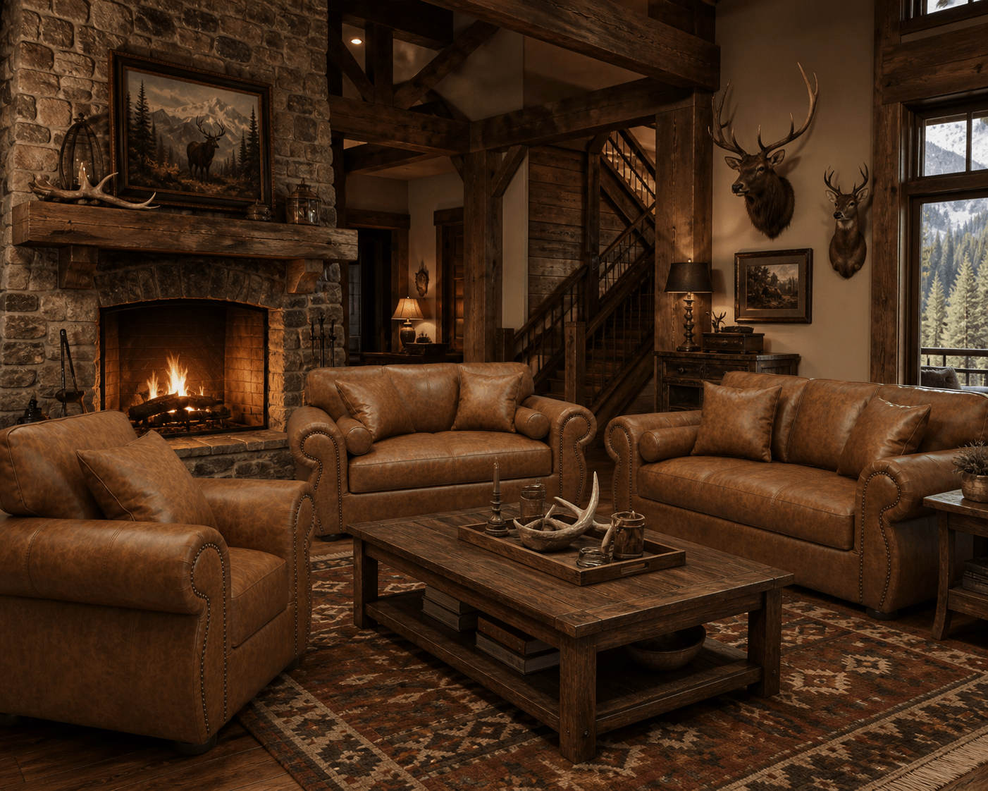 6 Seater brown lounge suite in a luxurey hunting lodge