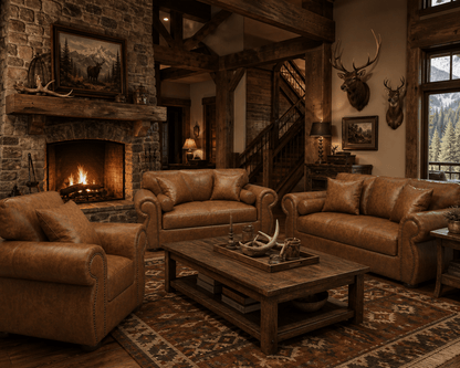 6 Seater brown lounge suite in a luxurey hunting lodge
