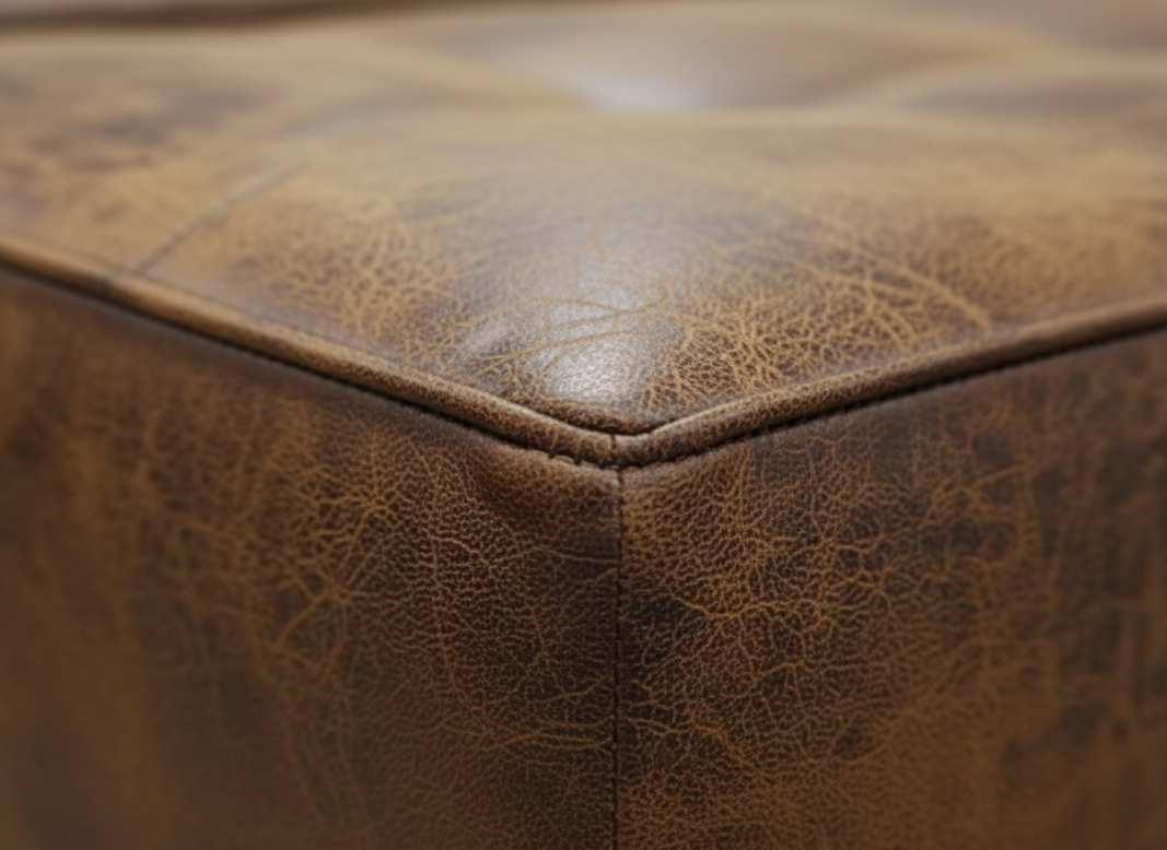 Close-up of a brown leather ottoman with visible texture. That Couch Place 