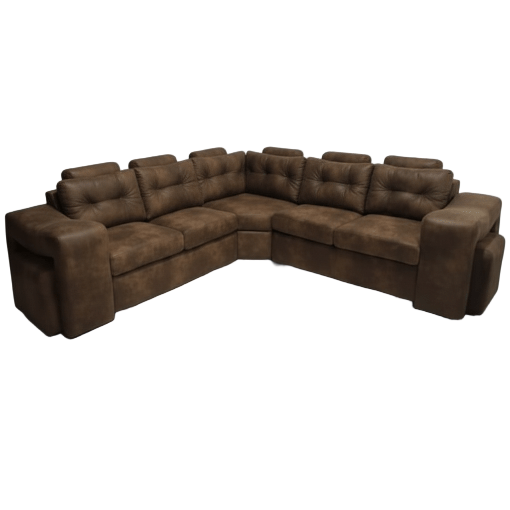 Brown corner L shape sectional sofa with two ottomans and headrests on a white background. That Couch Place