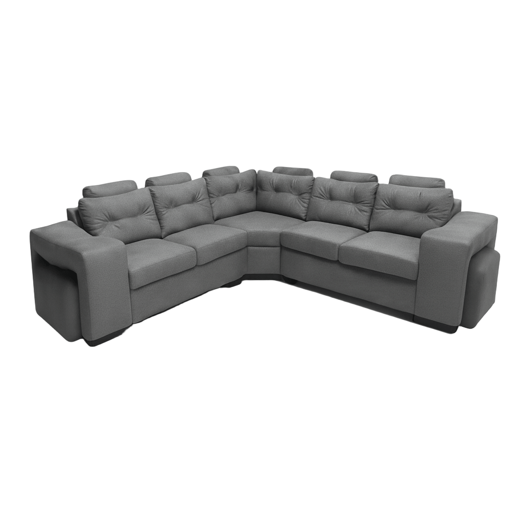 Gray L shape corner couch sectional sofa with ottomans and headrests on a white background. That Couch Place