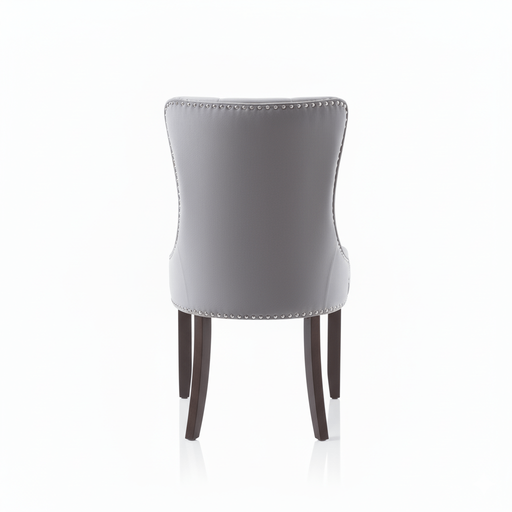 Back of a Gray chair with wooden legs on a white background
