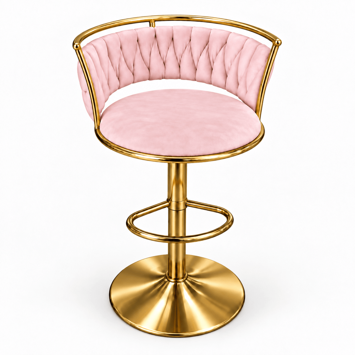 A modern swivel bar stool with a light pink tufted velvet seat and backrest, supported by a polished gold-finished metal frame and circular pedestal base.