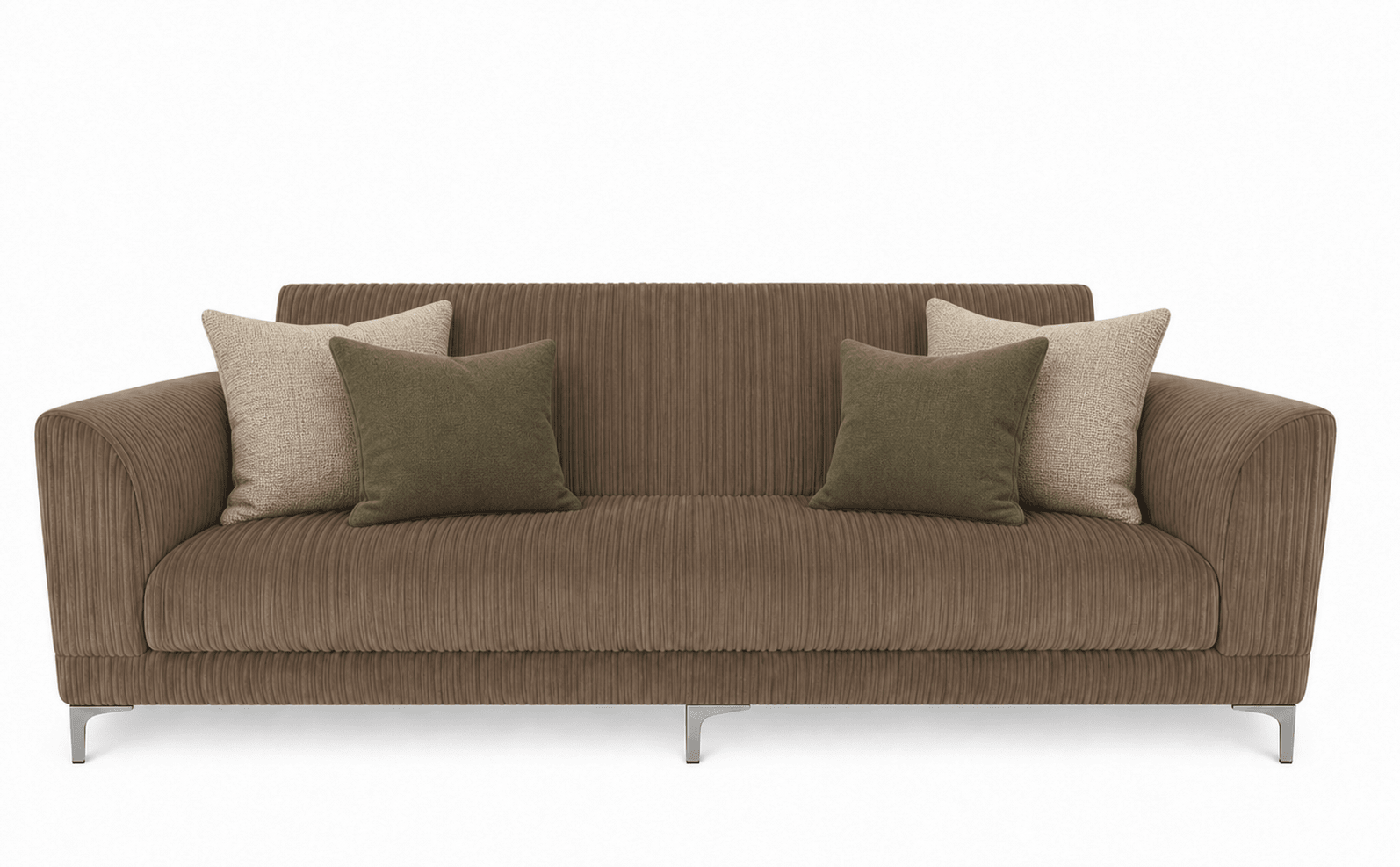 Brown sleeper sofa with decorative pillows on a white background