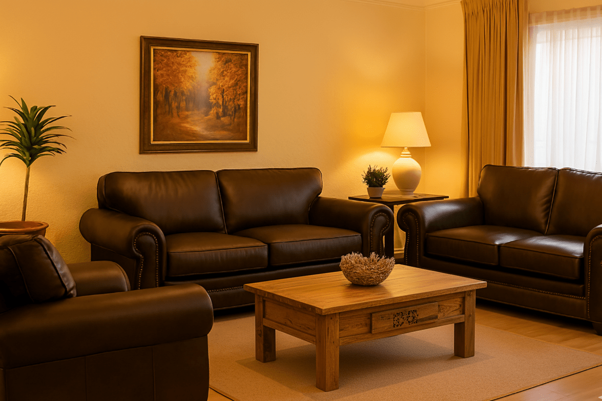 Living room with brown leather sofas, wooden coffee table, and decorative elements. Comfort Couch - That Couch Place