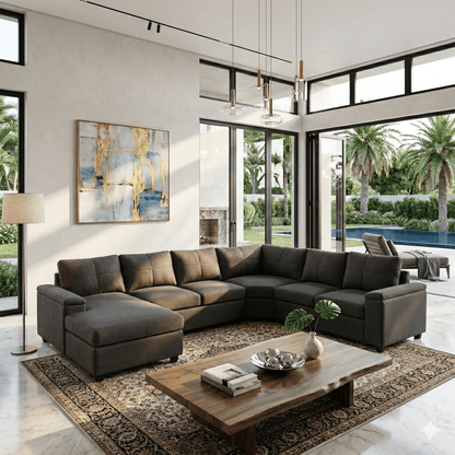 Modern living room with a sectional sofa, coffee table, and large windows.