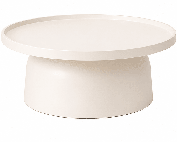 A minimalist round coffee table with a wide, shallow circular top and a wide, flared pedestal base, finished in a warm off-white cream color.