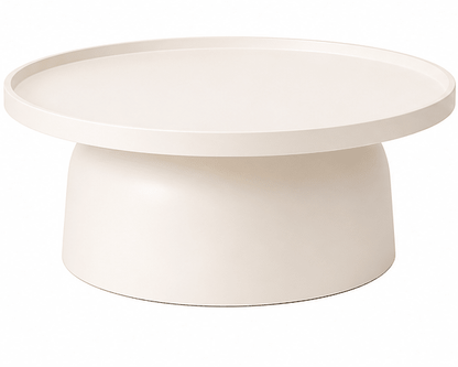 A minimalist round coffee table with a wide, shallow circular top and a wide, flared pedestal base, finished in a warm off-white cream color.