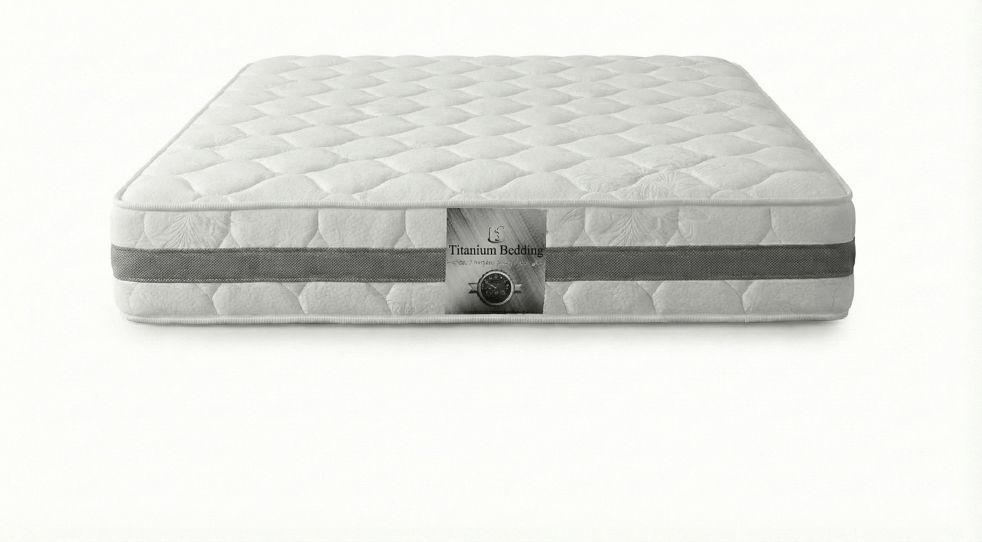 Gray lumbar support mattress with 'Titanium Bedding' branding on a white background