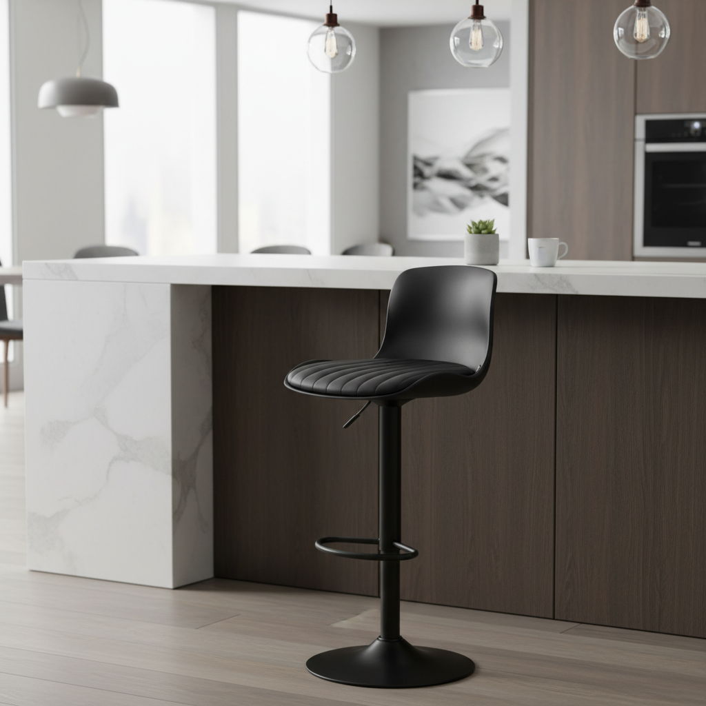 Black barstool with padded seating and a back rest on a white background