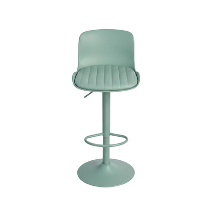 Green barstool with padded seating and a back rest on a white background