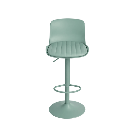 Green barstool with padded seating and a back rest on a white background