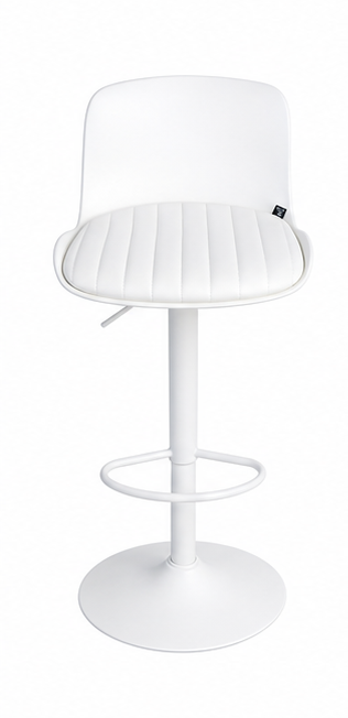 White barstool with padded seating and backrest on white background.