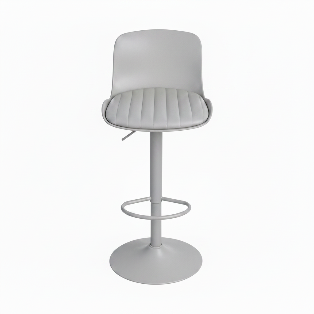 Grey barstool with padded seating and a back rest on white background.
