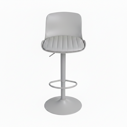Grey barstool with padded seating and a back rest on white background.