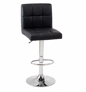 Black faux leather swivel barstool with a square backrest, adjustable chrome pedestal base, and circular footrest ring, shown on a white background.