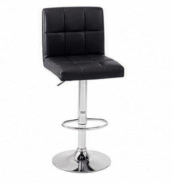 Black faux leather swivel barstool with a square backrest, adjustable chrome pedestal base, and circular footrest ring, shown on a white background.