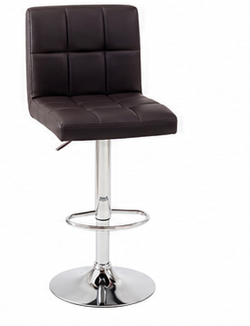 A modern bar stool with a dark brown faux leather seat and backrest, supported by a chrome-plated metal swivel base with a circular footrest ring.