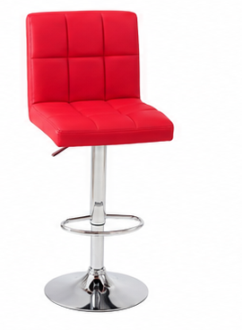 A modern red upholstered bar stool with a square seat and backrest, supported by a chrome adjustable pedestal base with a footrest ring.