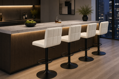 Four modern bar stools with white PU leather seats and black metal bases arranged along a dark wood kitchen island with a marble countertop in a contemporary apartment interior.
