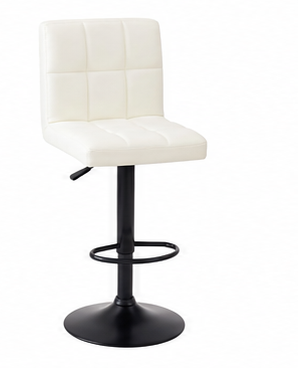 A modern bar stool with a white faux leather seat and a black metal pedestal base with a footrest ring, shown against a plain white background.
