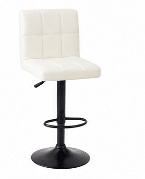 A modern bar stool with a white faux leather seat and a black metal pedestal base with a footrest ring, shown against a plain white background.