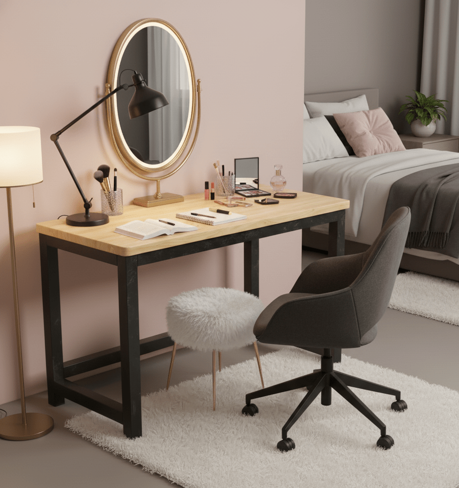 Modern bedroom with a make-up desk, chair, and mirror. That Couch Place